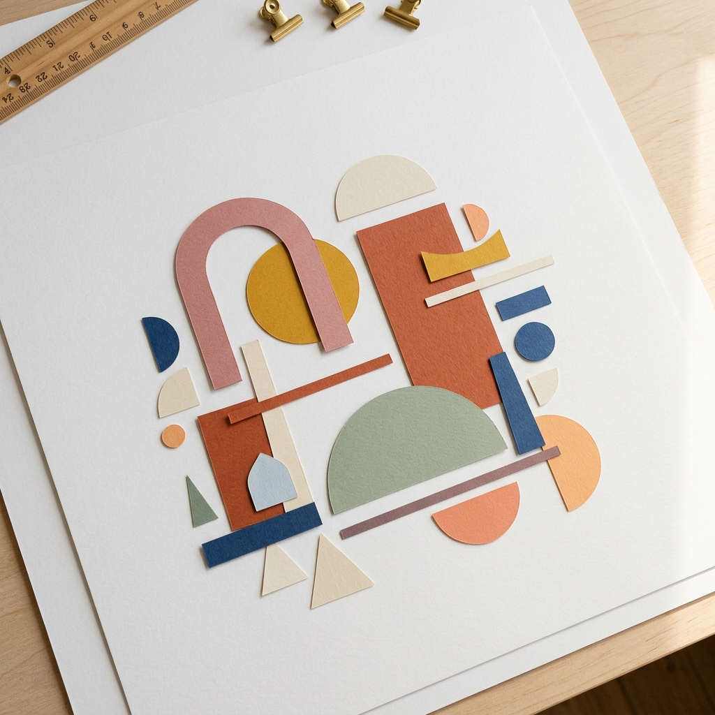 Studio criativo minimalista com composições geométricas